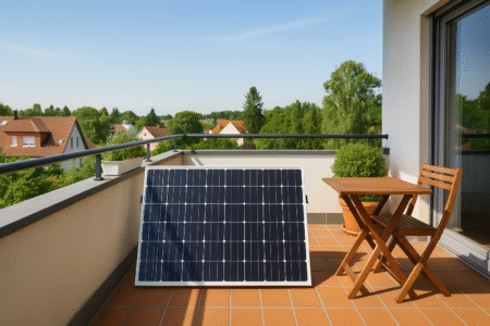 Photovoltaikmodul auf einem sonnigen Balkon in einem Wohngebiet – Symbol für nachhaltige Energieerzeugung zu Hause.