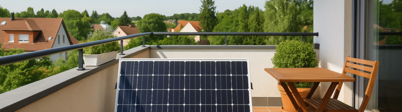 Photovoltaikmodul auf einem sonnigen Balkon in einem Wohngebiet – Symbol für nachhaltige Energieerzeugung zu Hause.